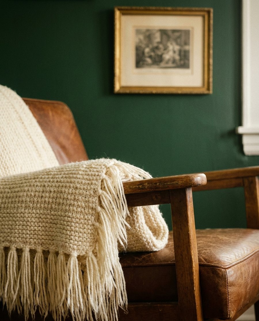 Manta tejida sobre el brazo de un sillón de madera, con un grabado enmarcado al fondo